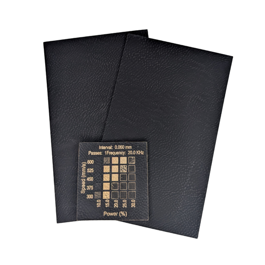 Black Gold faux leatherette with material test done on a 30w Thunder Laser Bolt