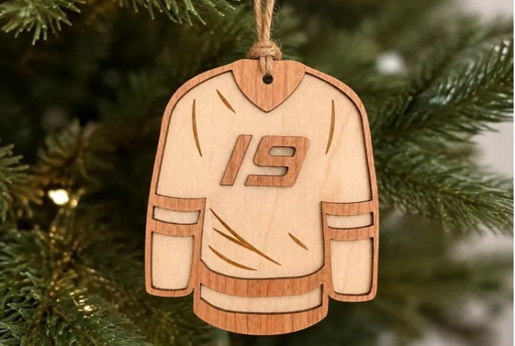 TruFlat maple and cherry naturals jersey ornament hanging in tree Local Laser Supply Canada