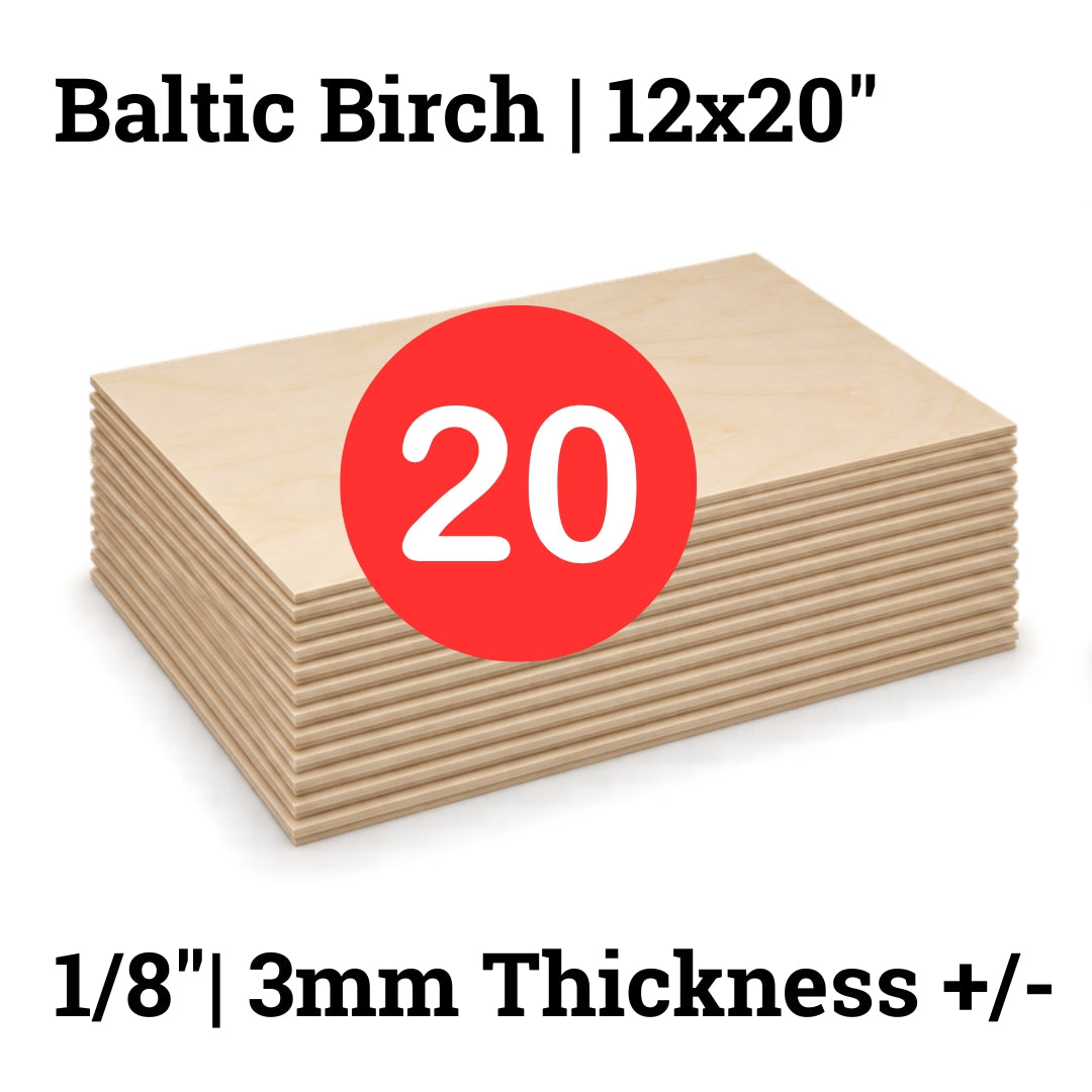 product listing Baltic birch 12x20" 20 sheets 1/8" 3mm thickness + or - sold by Local Laser Supply Canada