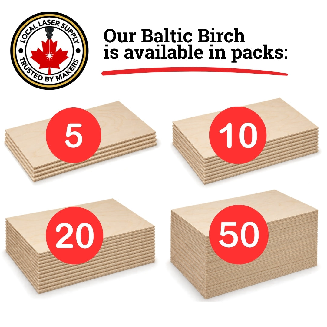 our baltic birch is available in packs: 5 , 10, 20, 50 at Local Laser Supply Canada (logo)