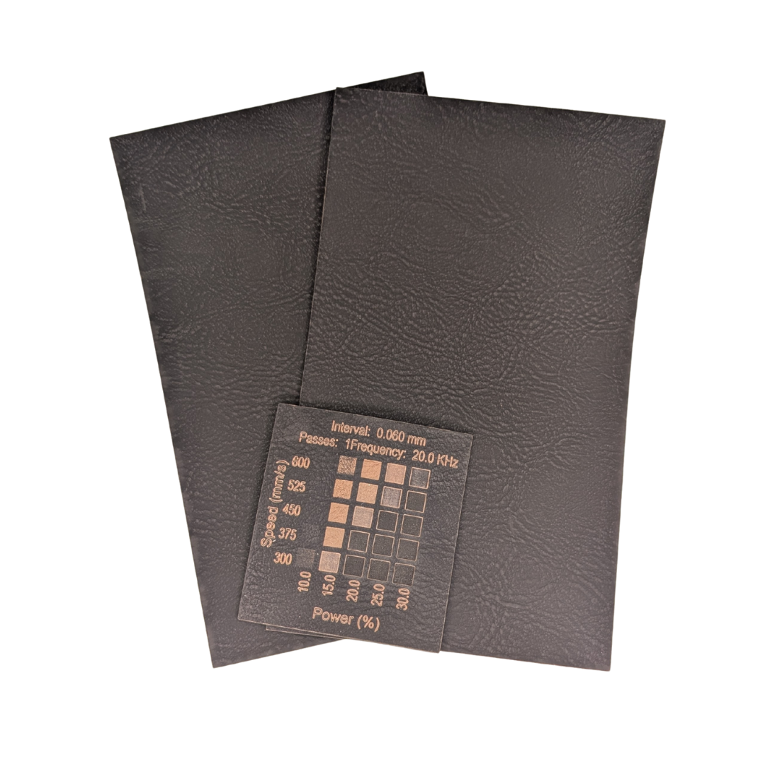 Black Copper faux leatherette with materials test done on a Thunder Bolt 30w RF laser 