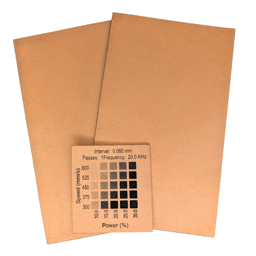 Copper with black faux leatherette sold in Canada. Image show materials test done on a 30w Thunder Bolt rf laser