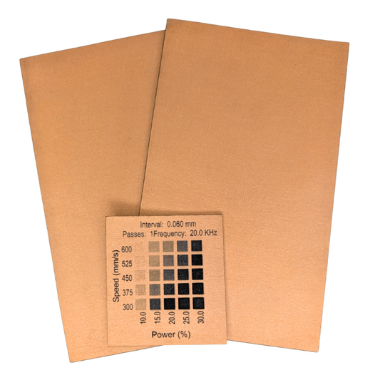 Copper with black faux leatherette sold in Canada. Image show materials test done on a 30w Thunder Bolt rf laser