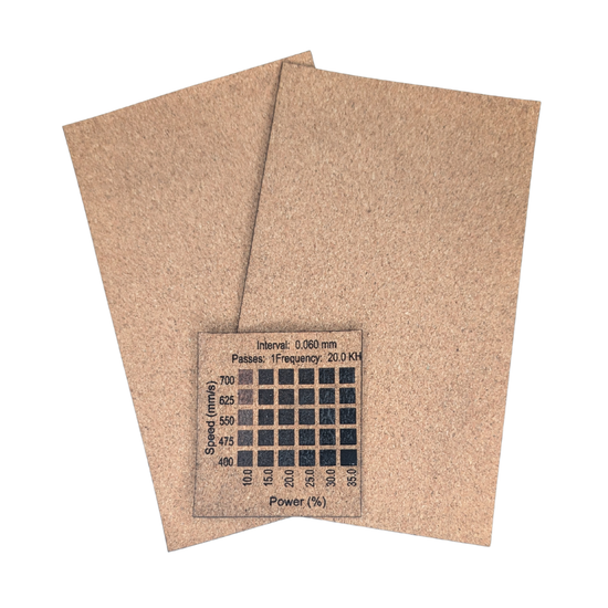 Cork with black faux leatherette sold in Canada-Image shows materials test on 30w RF Thunder Bolt Laser machine