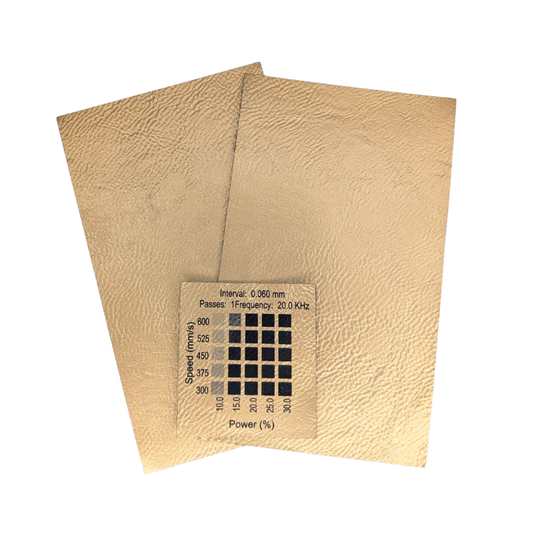 Gold faux leatherette with black engraving sold in Canada. Materials test done one a 30w RF  Thunder  Laser Bolt machine