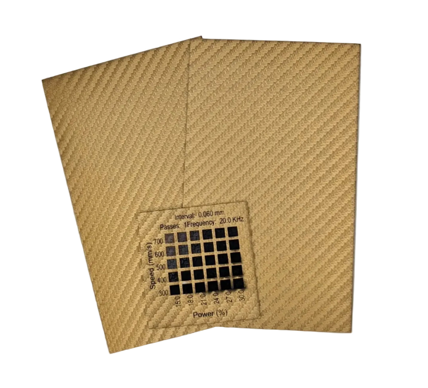 Sample with materials test done on the 30w Thunder Bolt Gold Carbon Fiber Faux Leatherette Sheets 