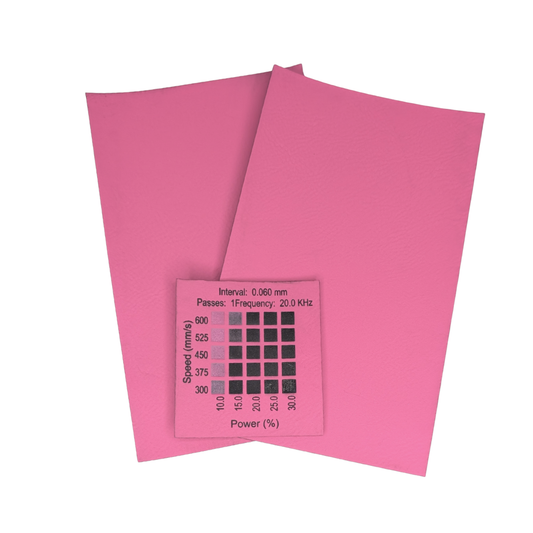 Pink faux leatherette canada with materials test done on a 30w rf Thunder Laser Bolt