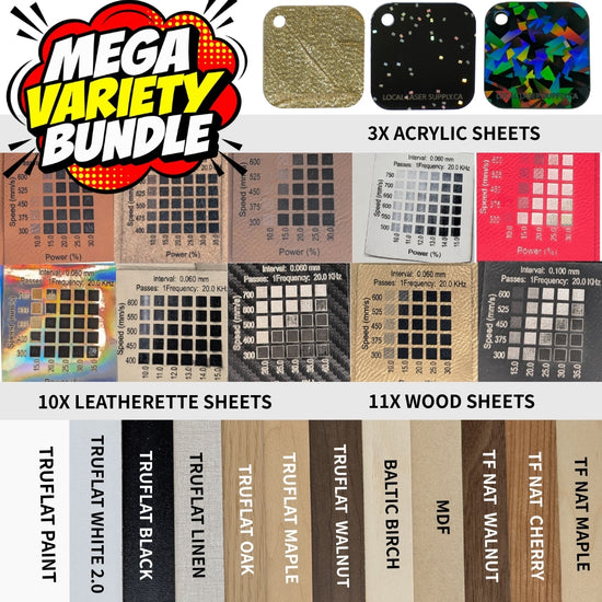 Mega variety pack Local Laser Supply canada. 3x acrylic 10x leatherette 11x wood