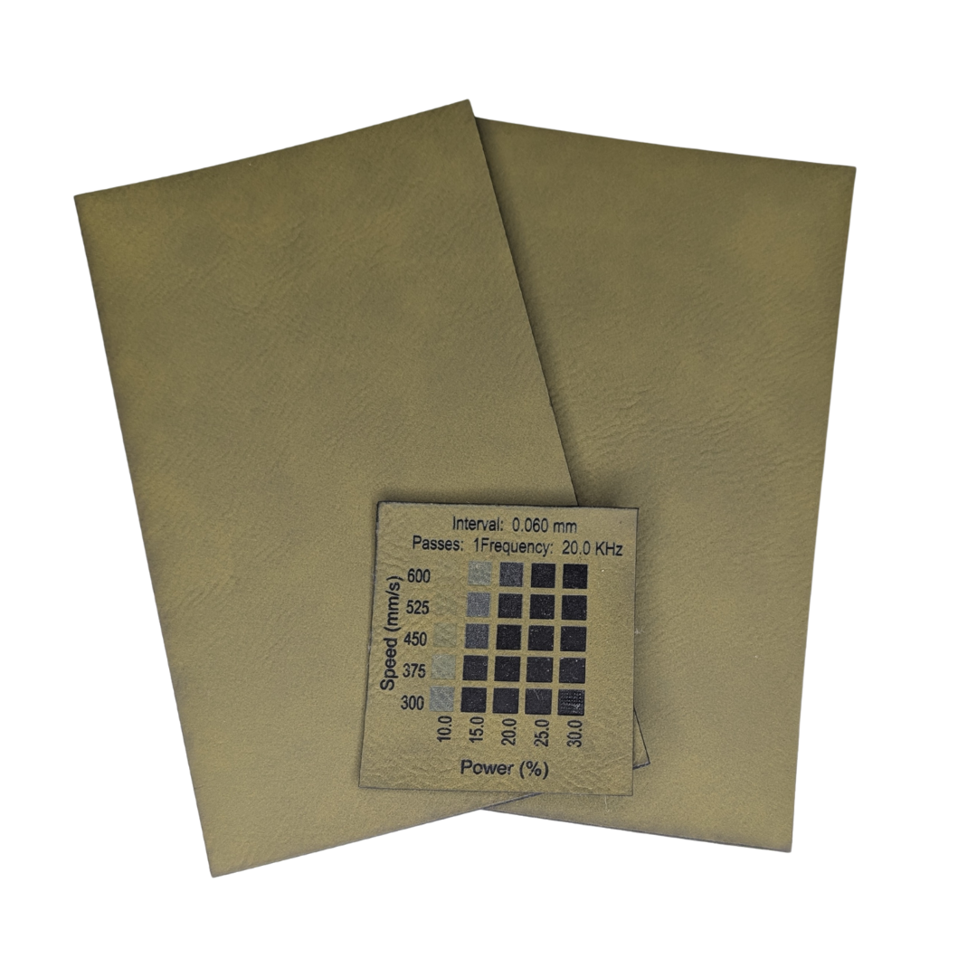 Olive green faux leatherette Canada with materials test on 30w rf Thunder Laser Bolt machine