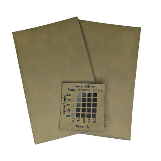 Olive green faux leatherette Canada with materials test on 30w rf Thunder Laser Bolt machine