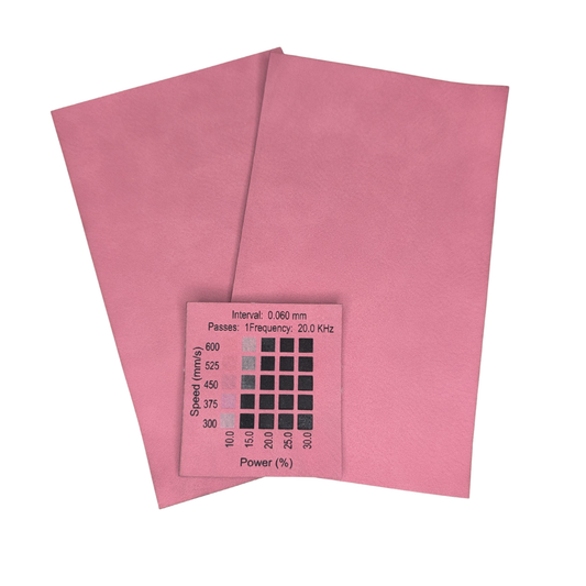 Pink faux leatherette Canada with a material test done on a 30w rf Thunder Laser Bolt machine