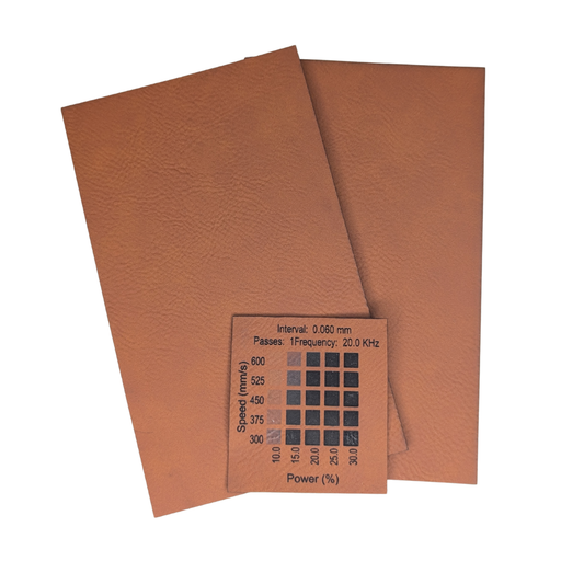 Rawhide brown faux leatherette with a materials test done on a 30w Thunder Laser Bolt laser