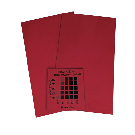 Red faux leatherette Canada with a materials test done on a 30w rf Thunder Laser Bolt