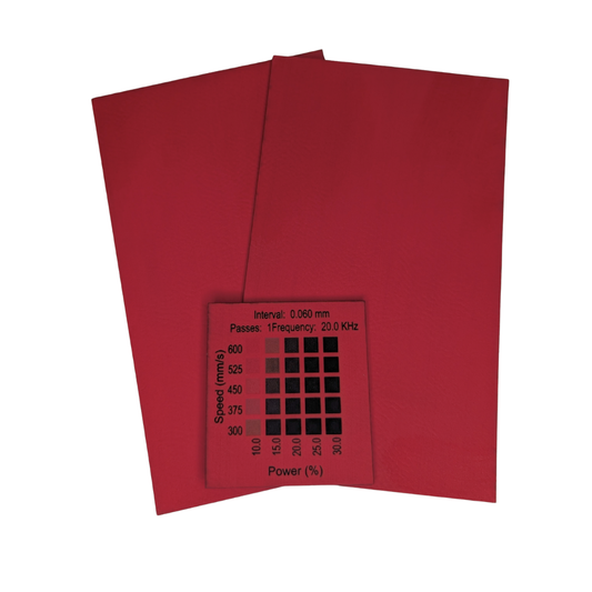 Red faux leatherette Canada with a materials test done on a 30w rf Thunder Laser Bolt