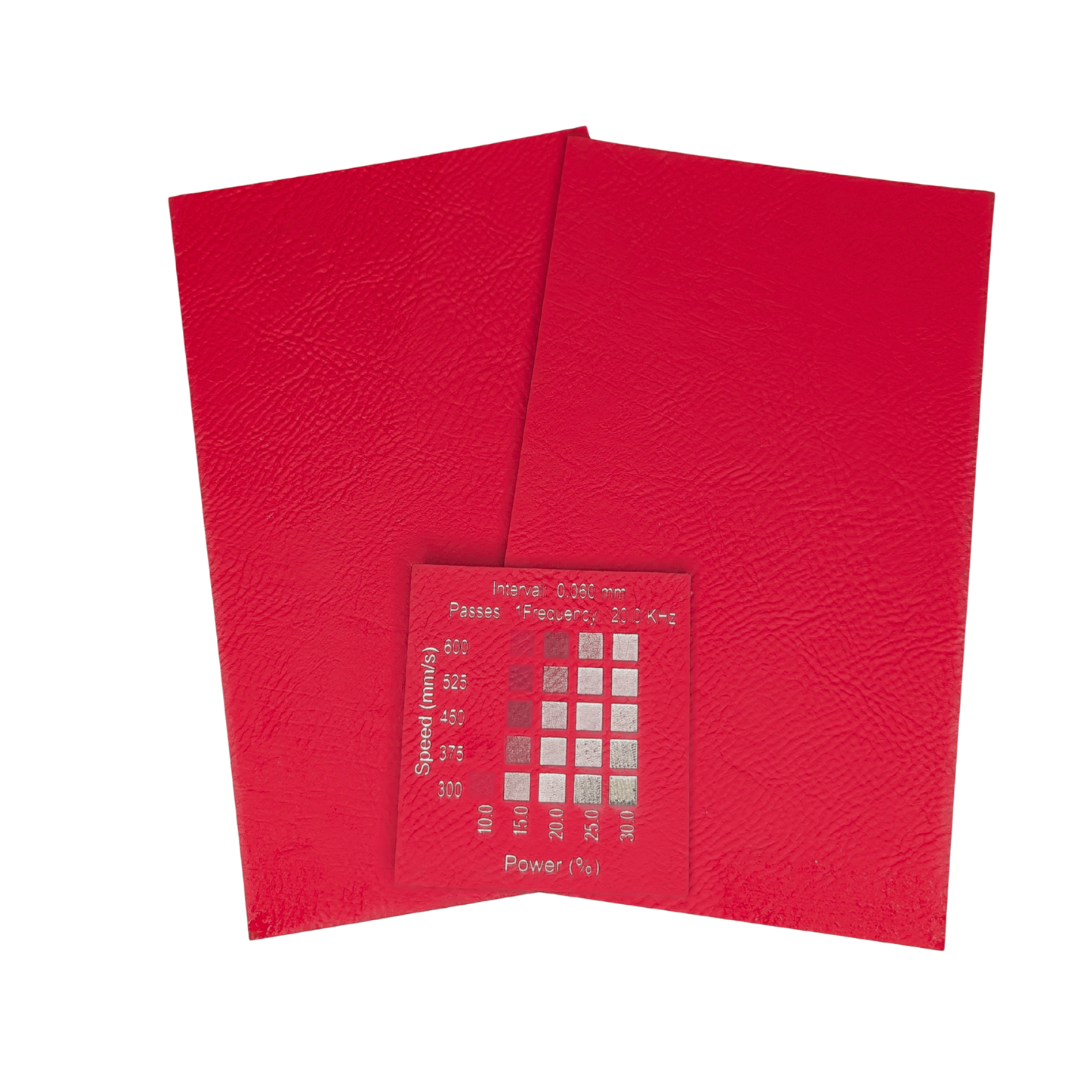 Red white laser leatherette Canade. Materials test done on a 30w rf Thunder Laser Botl machine