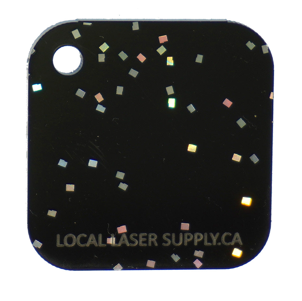 Rainbow glitter on black sample Starry Sky cast acrylic sheet 3mm sample Local Laser supply Canada