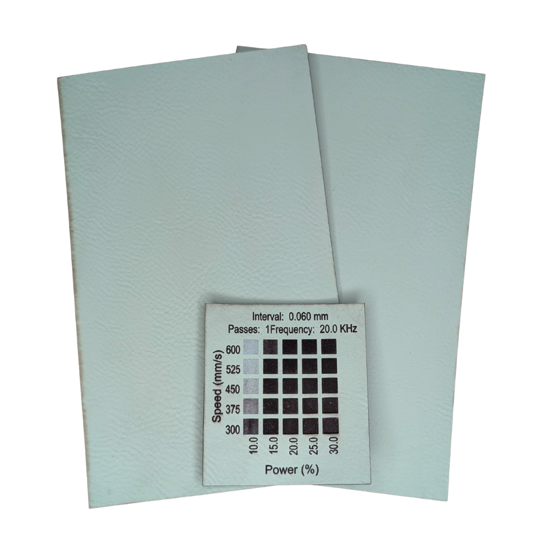 teal faux leatherette Canada with a 30w materials test done on a 30w RF Thunder Laser Bolt machine