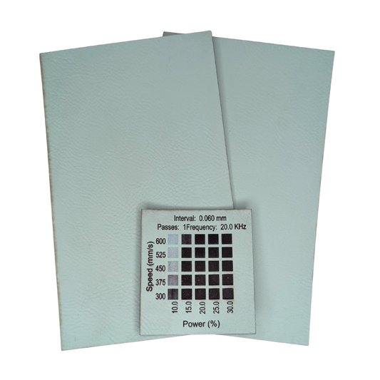 teal faux leatherette Canada with a 30w materials test done on a 30w RF Thunder Laser Bolt machine