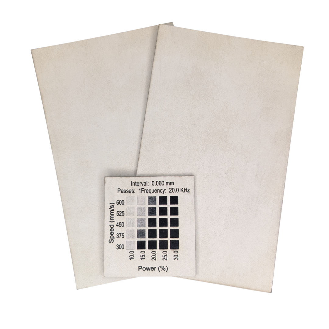 and off white black matte faux leatherette sold in Canada. Material test done on a 30w rf Thunder Laser Bolt machine