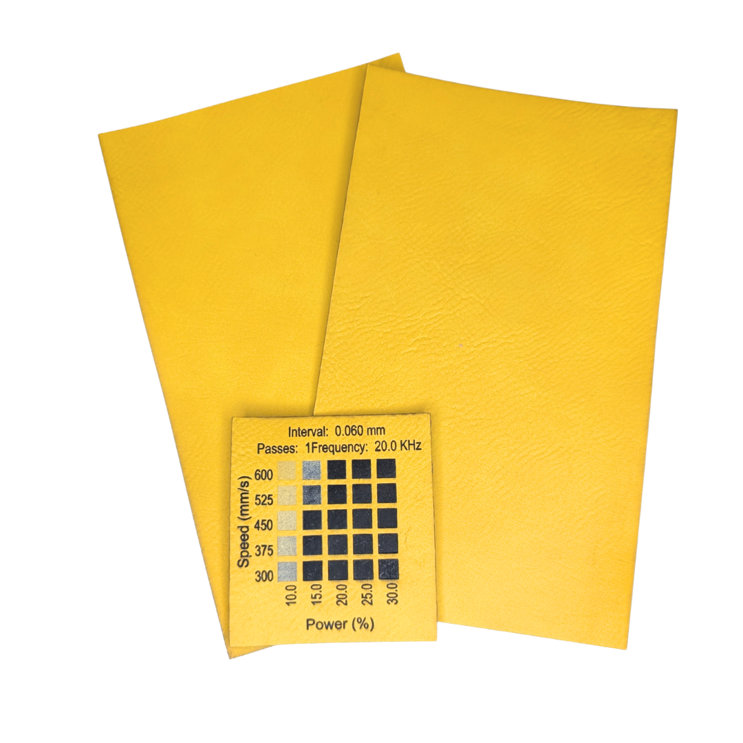 Yellow faux leatherette laserable- materials test done on a 30w Thunder Bolt