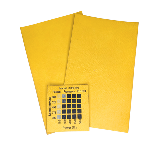 Yellow faux leatherette laserable- materials test done on a 30w Thunder Bolt