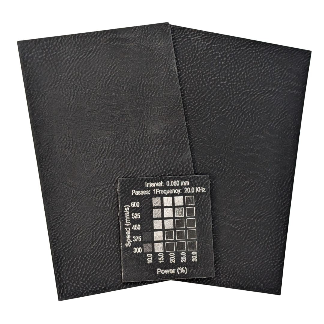 Black and silver faux leatherette for sale Canada . Image shows a materials test done on a 30wRF Thunder Laser Bolt