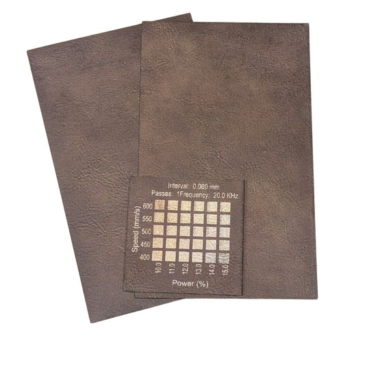 Brown Gold Faux leatherette d=sold in Canada . Image shows materials test on a 30w Thunder Laser Bolt machine