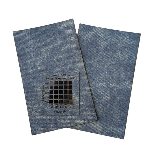 Denim Black faux leatherette sold in Canada. Materials test on 30w Thunder Laser Bolt