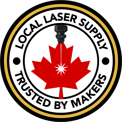 Local Laser Supply Canada Logo- a circle crest with a black outline, yellow circle with a laser head shooting a laser and a  red maple leaf in the center. Words say Local Laser Supply Trusted by Makers